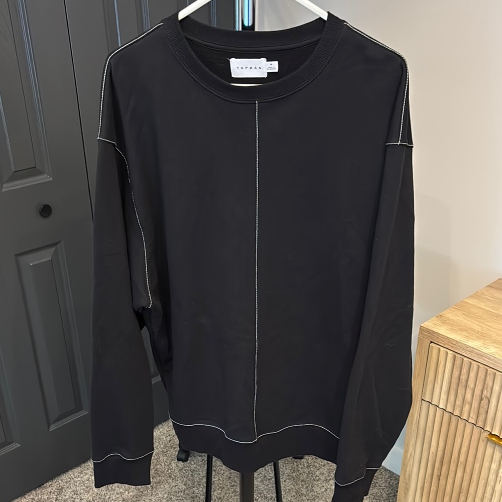 Topman Black Oversized Sweatshirt with White Stitching Mens Medium